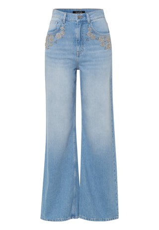 Szerokie jeansy z aplikacją przy kieszeniach